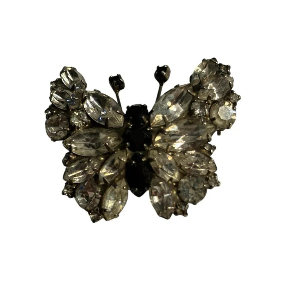 Butterfly Rhinestone Brooch Pin VTG‎ Black & Clear Rhinestones Silver Tone Retro